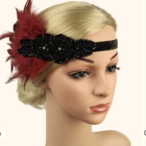 Rhinestones & Feather Headband New 1920's Style Black /Wine
